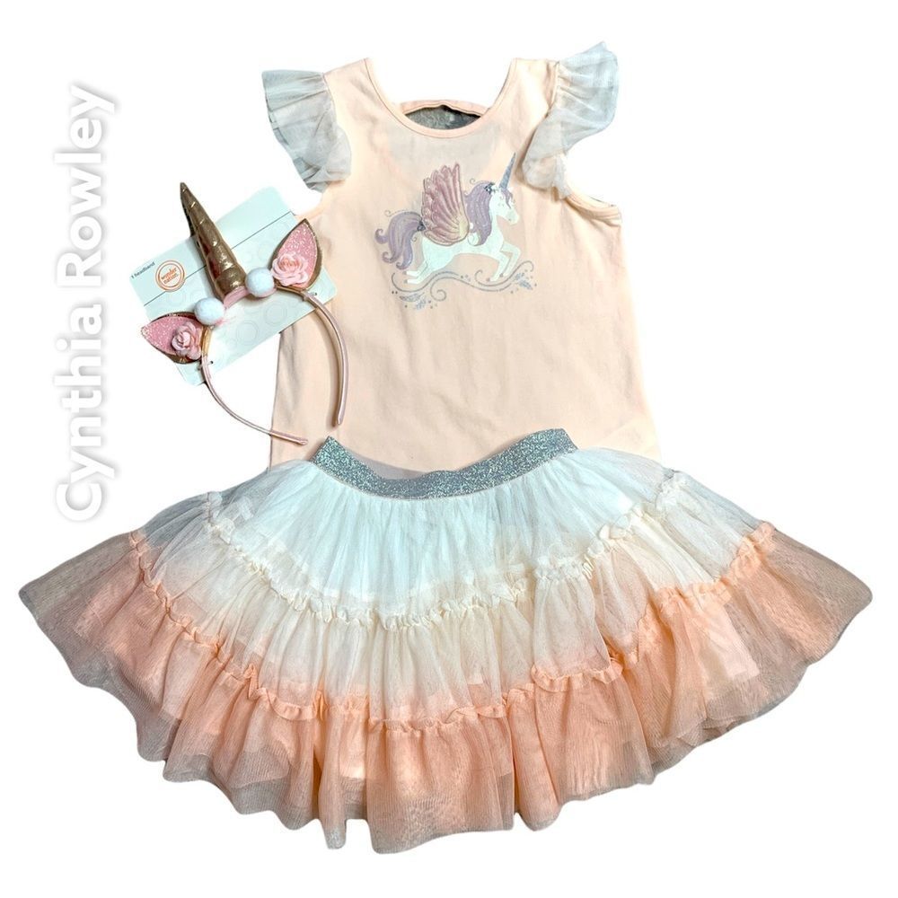 4pc Cynthia Rowley 5T Girls Dusty Pink Unicorn Outfit ~ 2 Headbands